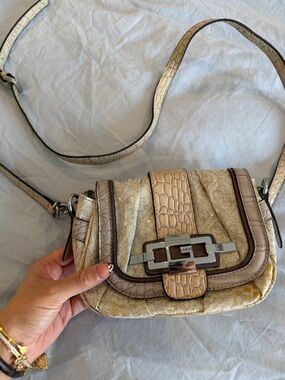 GUESS Beige and Yellow Croc-Trim Crossbody Bag